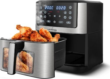 Горизонтальний фритюрник Lehmann 8л, 1800 Вт з оглядовим вікном, регулюванням температури до 200°C, 12 програм, таймером, антипригарним покриттям, для приготування на грилі, випікання та смаження з використанням технології Air Fry