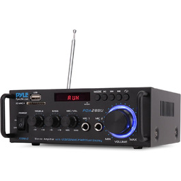 Pyle підсилювач 200Вт, стерео Bluetooth, 2-канальний, RCA, USB, SD, MIC, FM-радіо, регулювання басу та високих, для дому, авто, студії, домашнього кінотеатру