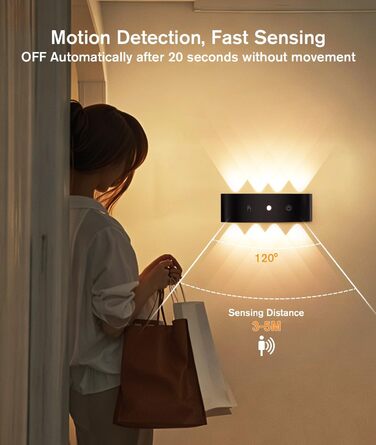 LED-стінні світильники на батарейках YrgePowk з датчиком руху, 6000mAh, 3 кольори, USB-зарядка, 2 шт. (білий/чорний)