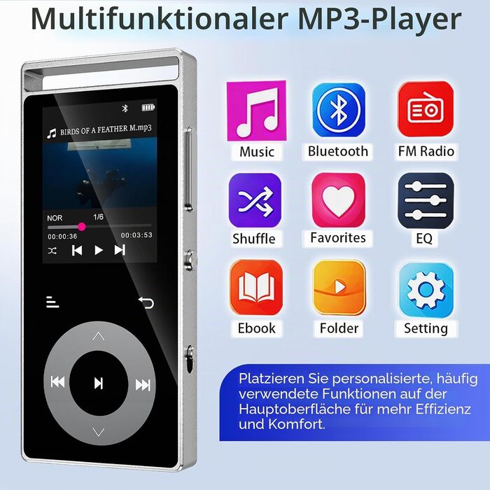 MP3 плеєр 90GB з Bluetooth 5.3 та HiFi звуком, сенсорним керуванням, кольоровим дисплеєм та FM-радіо, металевий корпус, підтримка карт пам'яті до 128GB, чорний/сріблястий