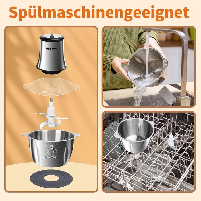 Електричний подрібнювач Aigostar Flor 500W з нержавіючою чашею 1.8L та 4-ма лезами, 2 швидкості для м'яса, овочів та горіхів