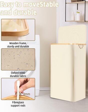 Laundry Basket with Lid 100L, Laundry Box with Bamboo Handles and Inner Pocket, Bamboo Laundry Collector, Large Capacity, Laundry Baskets, Foldable Laundry Baskets for Laundry Room, Bedroom, Bathroom (Beige)