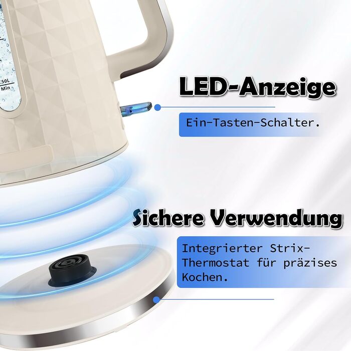 Електричний чайник 1.7л, 1850W, з автовимкненням та захистом від перегріву, для кави та чаю, Бежевий