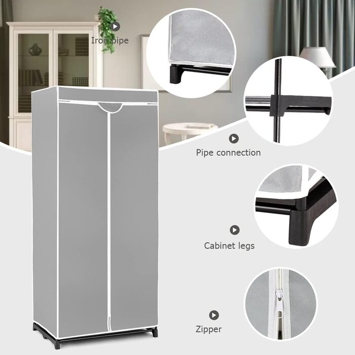 GIANTEX Clothes Closet Fabric Wardrobe with Clothes Rod & Shelf, Folding Wardrobe 74 x 50 x 172 cm, Clothes Rack Metal Frame with Dust Cover, for Bedroom Dressing Room (light grey)