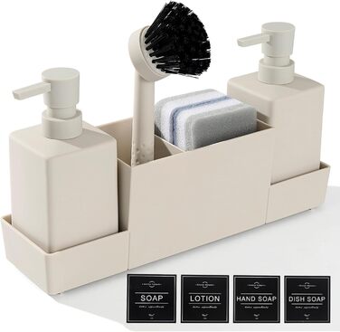 Dish Soap and Hand Soap Dispenser Kitchen Set with Sponge Holder and Brush, Dish Soap Dispenser Kitchen Black, Soap and Dish Soap Dispenser Set Kitchen Gadget Sink Organizer with Soap Dispenser (Beige, 4 in 1)
