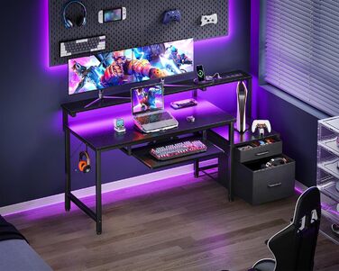 Ігровий стіл Coleshome з LED підсвічуванням, 140x48 см, з ящиками з тканини, стіл для комп'ютера з 2 розетками та 2 USB-портами, стіл для геймінгу з підставкою для монітора для дому/офісу, чорний 140x48 см