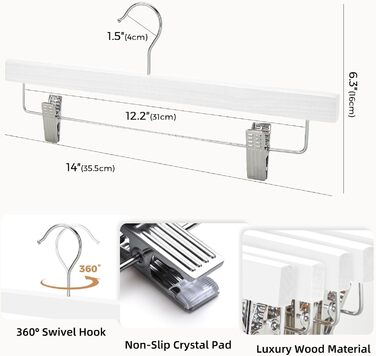 Дерев'яні вішалки для штанів та одягу HOUSE DAY, 25 шт. з кліпсами, білі, 35,5 см, поворотний гачок 360°