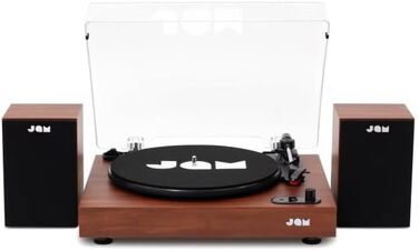 Програвач вінілу JAM з колонками Bluetooth – чорний (горіх) | 3 швидкості, пилозахисний ковпак, попередньо налаштований тонарм, засіб для чищення вінілу в комплекті