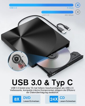 Зовнішній USB 3.0 та USB-C CD/DVD привід varkda для ноутбука та ПК, портативний DVD-плеєр та записник (RW/ROM), сумісний з Windows, macOS, Linux, чорний