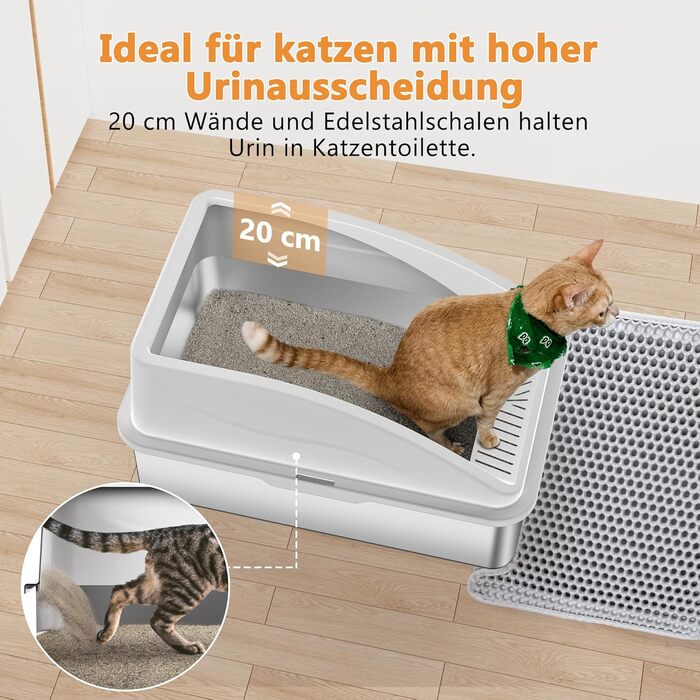 FURTIME Лоток для котів з нержавіючої сталі XXL, 42L, великий, витокозахисний, з лопаткою, 60x40x36 см (Сріблясто-сірий)