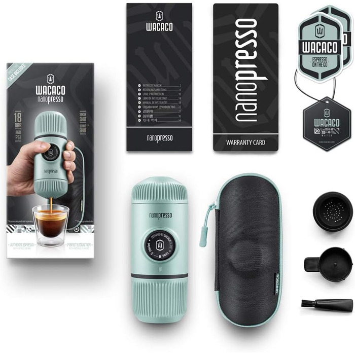 WACACO Nanopresso Portable Espresso Machine, with Nanopresso S Case, Upgrade Version of Minipresso, Travel Coffee Machine, Manually Operated (New Items Arctic Blue)