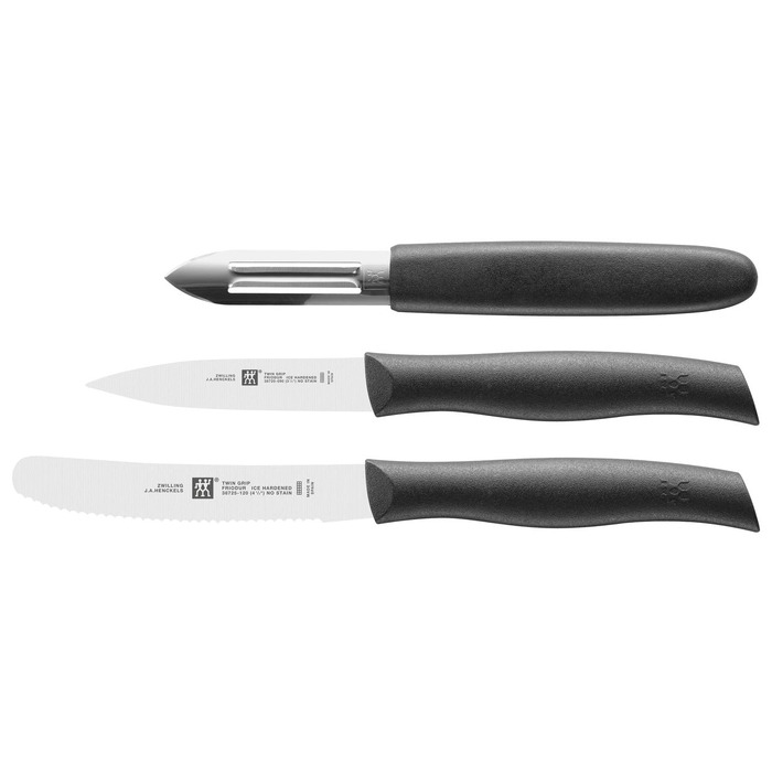 Набір ножів Zwilling Twin Grip, 3 предмети (овочечистка 6.5 см, шинкувальний ніж 9 см, універсальний ніж 12 см), пластикова ручка, чорний