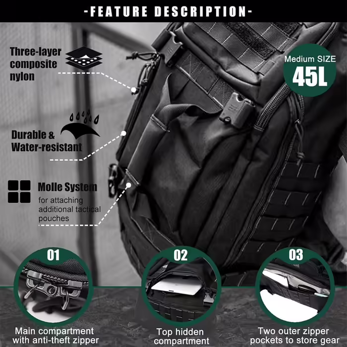 Miramrax Men's Travel Bag - Large Tactical Bag, Weekend Bag, Gym Bag for Overnight Stays, Travel, Military Training, Deployment, Sports, Duffel Bag (45L, Black)