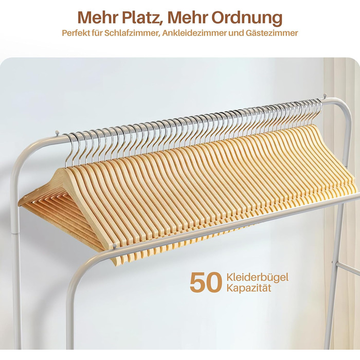 Підставка для одягу PORTENTUM: сталева, до 35 кг, з подвійною перекладиною та полицею для взуття, протиковзкі ніжки, захисні кінчики, швидкий монтаж, білий (без вішалок)