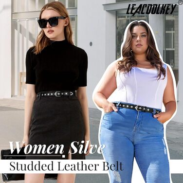 LEACOOLKEY Жіночий шкіряний ремінь для джинсів, пояс, шкіряний ремінь у стилі панк з пряжками, ремінь з шипами, розмір M (82-91 см), розмір XXL (113-122 см)