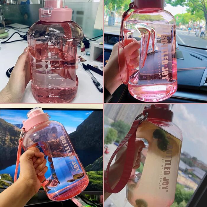 Sport Water Bottle, 1 Gallon/ 3.5L Water Bottle with Time Markers, Leak-Proof, Reusable & BPA-Free Water Bottle with Handle Cleaning Brush for Gym, Office (Pink, 3785 ml)