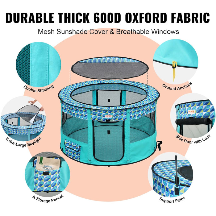 Клітка для цуценят VEVOR, розкладний вольєр для собак, 914 x 914 x 584 мм, 600D Oxford, для малих та середніх тварин (Блакитний)