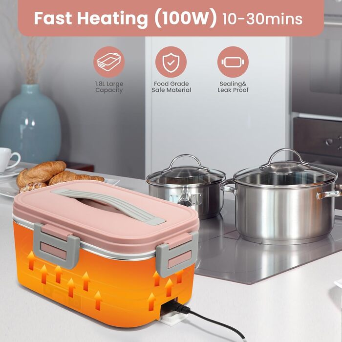 BYbrutek Electric Lunch Box 100W, 3-in-1 Portable Heated Lunch Box, 1.8L Stainless Steel Removable Food Container, 12V/24V/220V Insulated Food Warmer Box for Car/Truck/Office (Pink, 1.8 L)