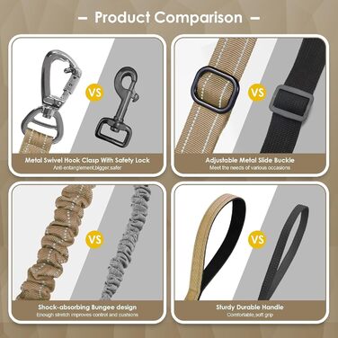 Тактична повідок для собак AUBELL, міцна, світловідбиваюча, без натягу, з амортизатором, для середніх та великих собак, з зручним двошаровим ручним захопленням, автомобільний ремінь безпеки, обертання на 360°, зелений (4-6 футів, коричневий)