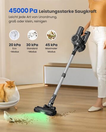 Бездротовий пилосос Proscenic P13: акумуляторний, 45KPa, 550W, 45 хв, з сенсорним екраном, зелене підсвічування, зарядний блок для стіни, анти-намотування, для килимів, твердих поверхонь, автомобіля, шерсті тварин (сірий)