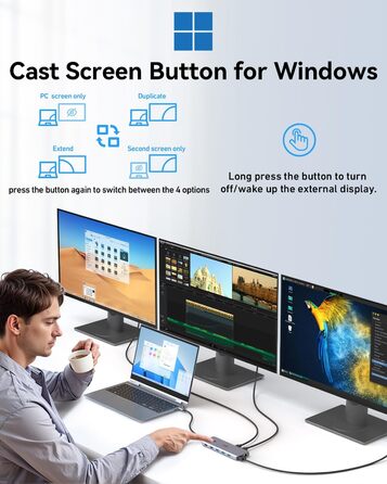 Док-станція USB C 13 в 1 для трьох моніторів: Dual HDMI 4K, DisplayPort, 10G USB 3.1, Ethernet, PD 100W, аудіо/мікрофон, сірий