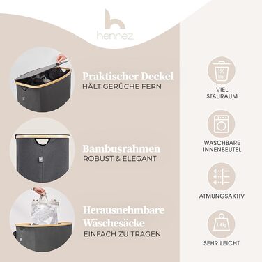 Бамбуковий кошик для білизни Hennez 150 л, 3 секції, сірий, з кришкою та мішком для сортування