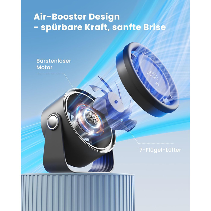 Портативний акумуляторний вентилятор Gaiatop з USB, 5 швидкостей, тиха робота, сенсорне управління, 360° обертання, для дому та офісу, чорний