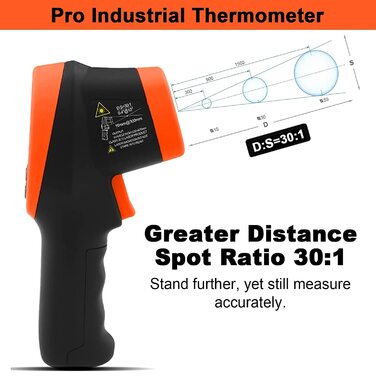 Інфрачервоний термометр Kethvoz KE-1500: вимірювання температури від -50°C до 1500°C, подвійний лазер, D:S=30:1