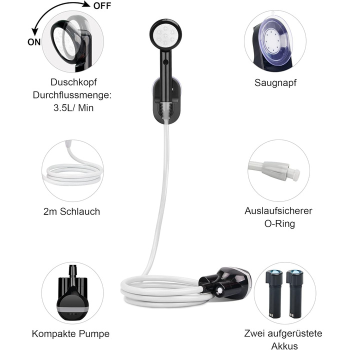 LIBERRWAY Camping Shower with Pump, Camping Shower Set with Rechargeable Battery, 2m Shower Hose Outdoor Shower for Garden Beach Camping Travel Car Washing, Mobile Shower Black (black-2 Batteries)