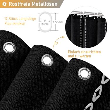 Шторка для душу BTTN 182 x 200 см, бохо-фермерський стиль, важка тканина, смугастий дизайн, бахрома, водовідштовхувальна, з вантажами, 12 гачків, чорно-біла, H200 x B180 см