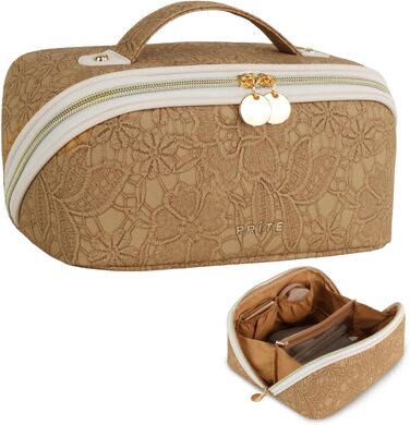 Косметичка велика містка для подорожей, водонепроникна з PU-шкіри, з прозорими перегородками та ручкою (M, Коричнева квітка)