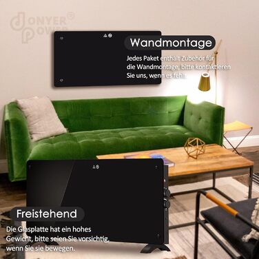 Конвектор DONYER POWER 2000W з чорною скляною панеллю, 2КВт, настінний/підлоговий