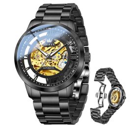 Чоловічий годинник OLEVS 6728 з автопідзаводом: механічний турбійон, водонепроникний, сталевий ремінець та підсвітка, чорний колір