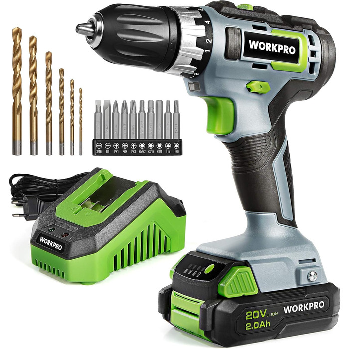 WORKPRO Акумуляторний шуруповерт 18V/20V з 16 насадками, крутним моментом 25NM та регульованою швидкістю, LED-підсвічуванням, 2-ма режимами обертання, акумулятором 2.0Ah Li-Ion та швидким зарядним пристроєм