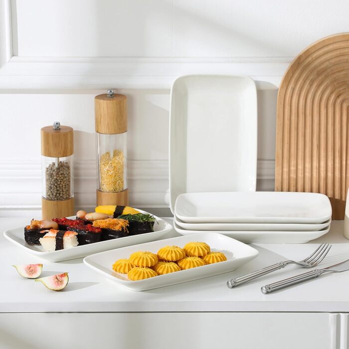 Сервірна таця MALACASA з порцеляни, 6-ти частинний набір, прямокутна, 25 x 14 см, біла. Ідеально для буфетів, суші, тортів та закусок вдома та в ресторані.