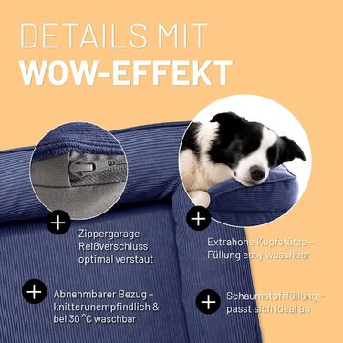 Ортопедичне ліжко для собак Lumaland з корду | Ергономічне собаче ліжко-софа 70x60 см - для маленьких собак | Нековзне дно | Зручна наповнювач та чохол, що можна прати | Корзинка для собак з Memory Foam Cord - Оливковий (Cord - Темно-синій, 90 x 65 см - M