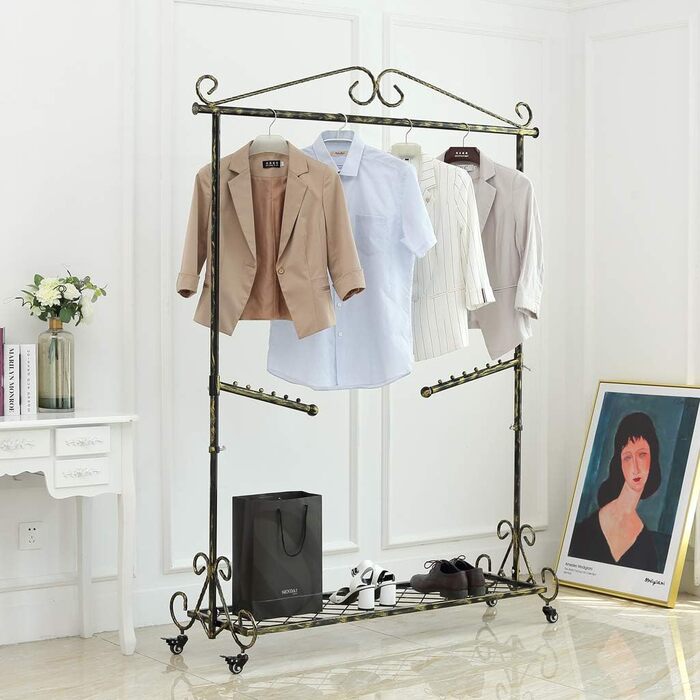 Clothes Rack Clothes Rail Coat Rack with Shoe Storage, Width 136cm, Vintage Style Metal Height Adjustable from 126 to 200 cm (Bronze Black with Wheels)