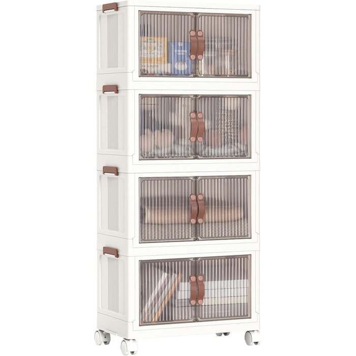 HOOBRO Storage Box with Lid, 41.6 L Plastic Storage Container with Wheels, 4 Pack Stackable Boxes with Doors, Foldable Storage Bins, White EWG442CW01