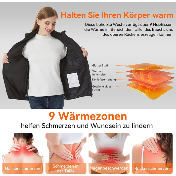 Обогрівальний жилет для чоловіків та жінок - USB жилет з 9 зонами нагріву та 3 рівнями температури, ідеальний для кемпінгу та піших прогулянок (Powerbank не входить до комплекту), чорний, 3XL