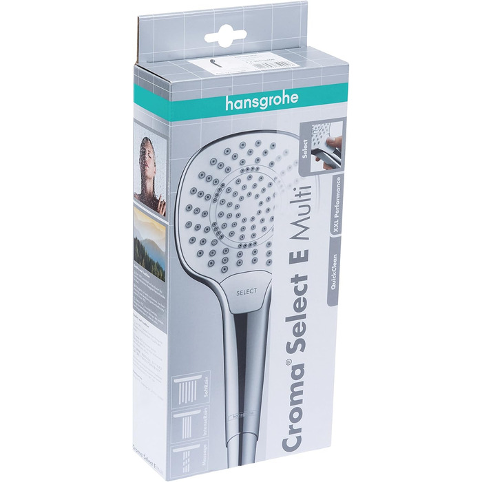 Hansgrohe Croma Select E - water-saving showerhead 9 l/min (EcoSmart), hand shower with 3 spray patterns, square shower head (110 x 110 mm), water-saving showerhead with anti-limescale function, White/Chrome (3 spray patterns (Multi))