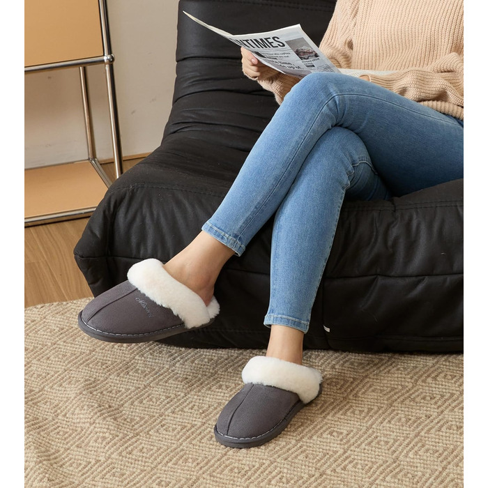 Тапочки халатні Donpapa для дому та вулиці, зимові, теплі, з м'якою устілкою з піною пам'яті, штучне овече хутро, антиковзаюча підошва, розмір 38.5/40 EU, темно-сірий