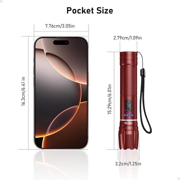 LED ліхтарик Blukar з регулюванням температури світла, 10 режимів, зум, водонепроникний, для кемпінгу та активного відпочинку (каштанового кольору)