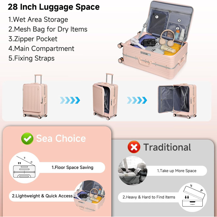 Чемодан-валіза Sea Choice 2 в 1: великий (78 см) та середній (55 см), зелений, з TSA замком та зручним тримачем для напоїв