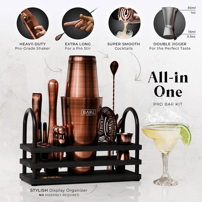 Bare Barrel Cocktail Shaker Set - 14 Piece Bar Set with Boston Shaker, Martini Accessories & Recipe Cards - Home Bartender Kit