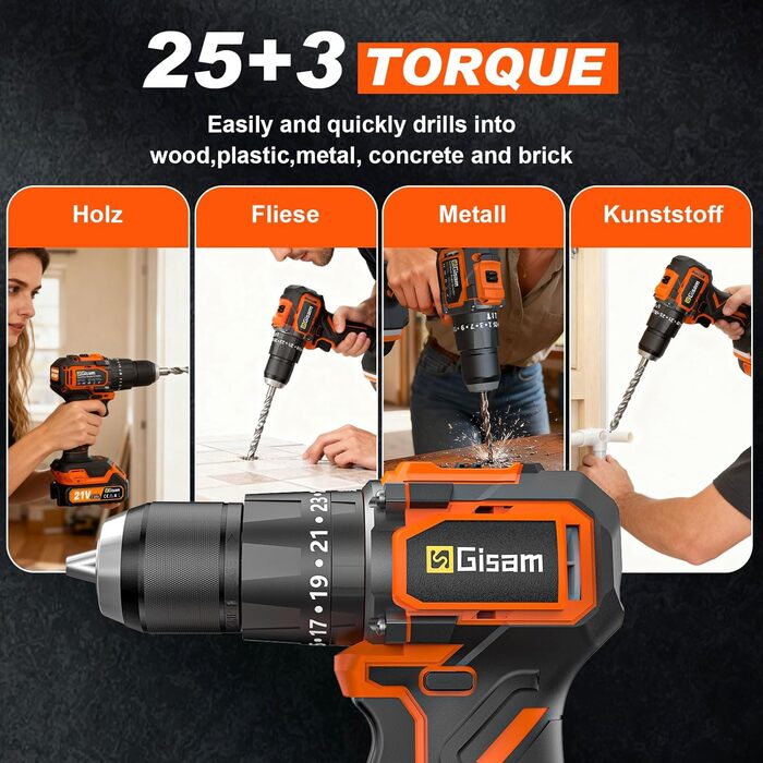 Акумуляторний шурупокрут/дрель 21V з набором 2 акумуляторів, 1200W двигун Brushless, 75Nm, 25+3 рівня крутного моменту, патрон 13мм, 2 швидкості, LED, 29-ти елементний набір для дому, саду та DIY-проектів помаранчевого кольору