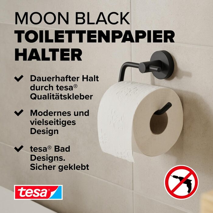 Тримач для туалетного паперу tesa Moon Black, матовий чорний, без свердління (на клейокій основі), індустріальний стиль, 140 x 99 x 53 мм