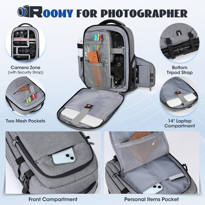 Рюкзак для фотокамери RAINSMORE з відділенням для ноутбука 14 дюймів, сірий. Підходить для Canon, Nikon, Sony (DSLR, SLR)