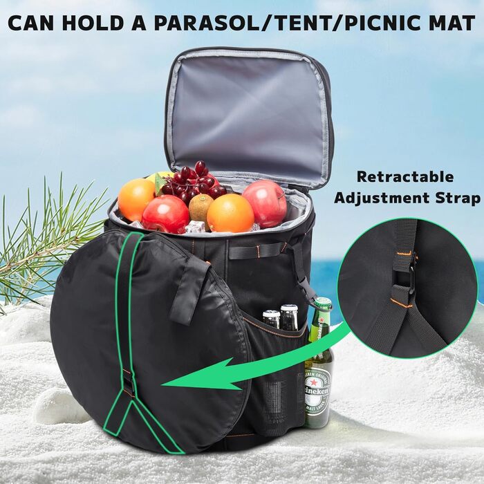 Рюкзак-холодильник HP Hope 35L, водонепроникний, ізольований, чорно-помаранчевий. Ідеально для пікніків, відпочинку на природі, кемпінгу та подорожей. Об'єм: 35 літрів, вміщує до 48 банок.