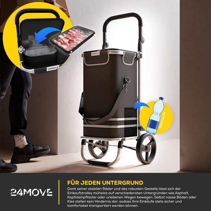 Тролей для покупок 24MOVE® Vehlo: складаний, 55л, з термокишенею, 3в1 (тролей, візок, сумка), до 30кг, чорний