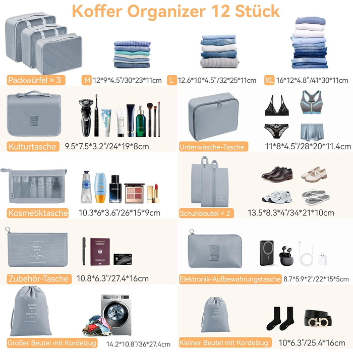 Органайзер для валізи Chijoo (12 шт, чорний) – набір кубиків для пакування, аксесуари для подорожей (сірий)